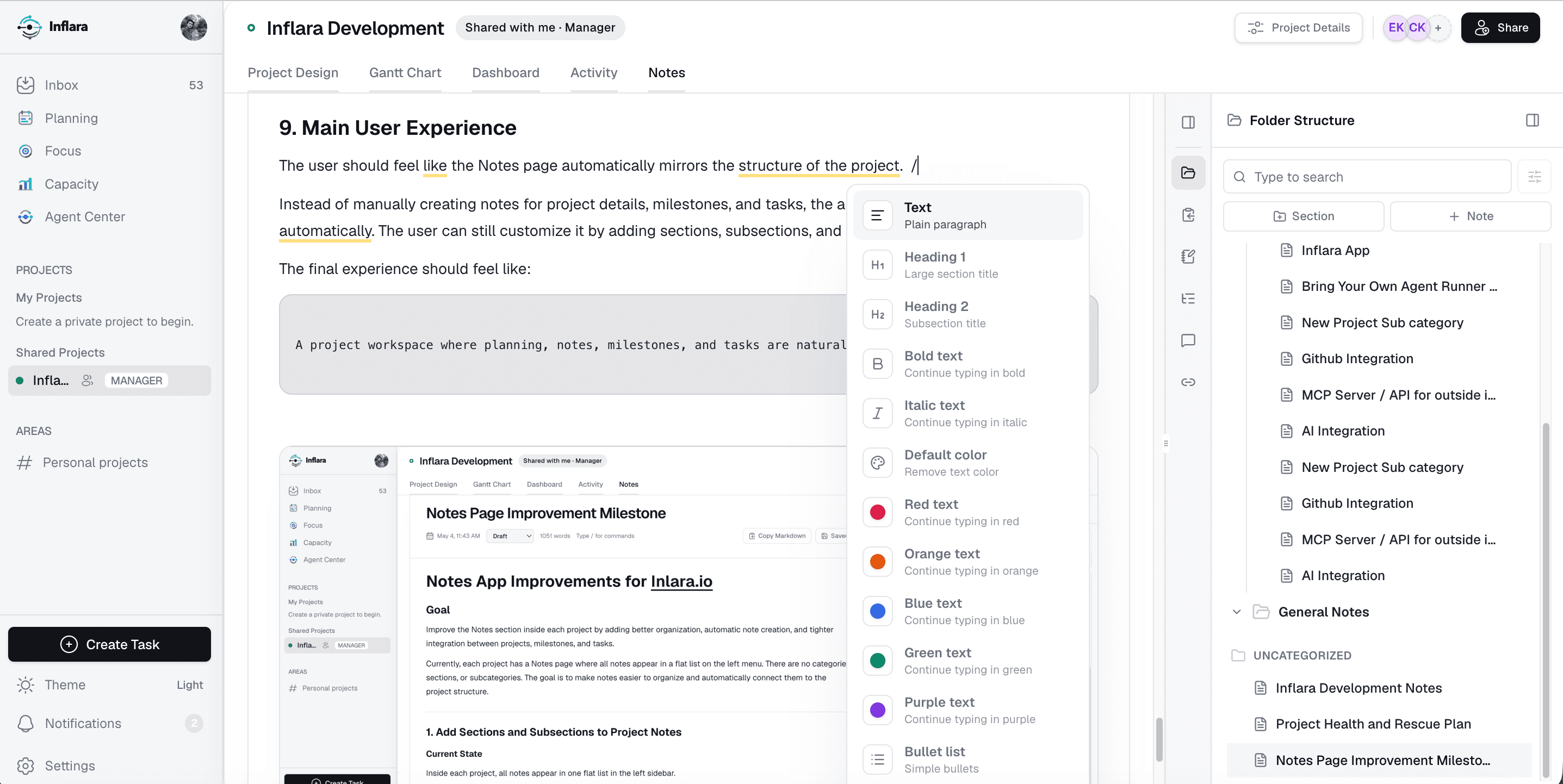 Inflara main planner with agent runner side panel