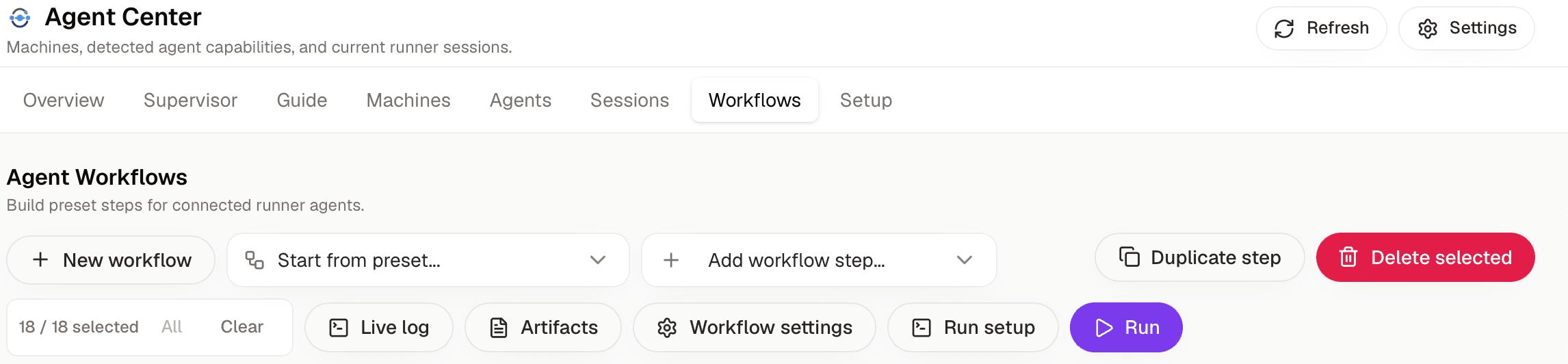 Agent Center tabs and workflow toolbar: creation, step selection, logs, artifacts, settings, run setup, and Run