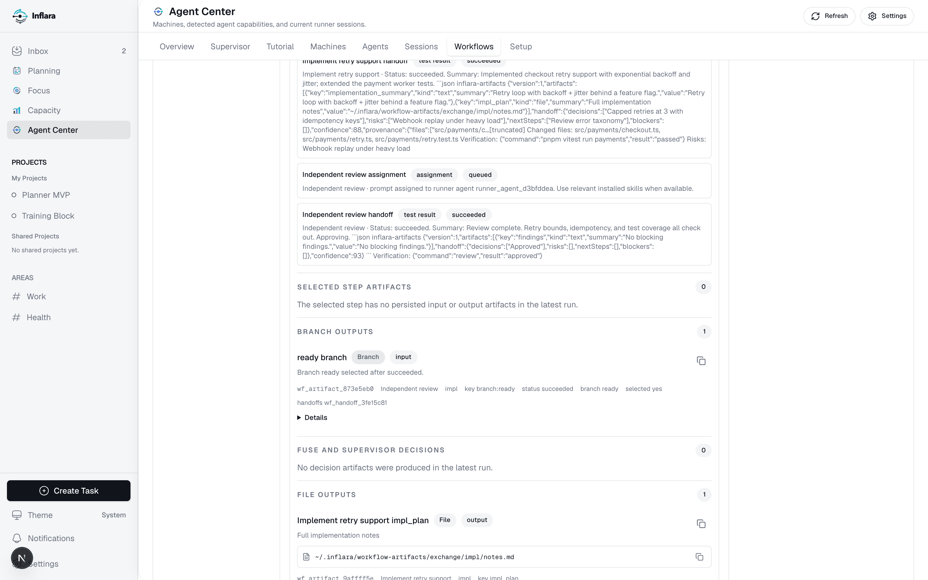 Workflow artifact inspector with typed handoffs and file outputs
