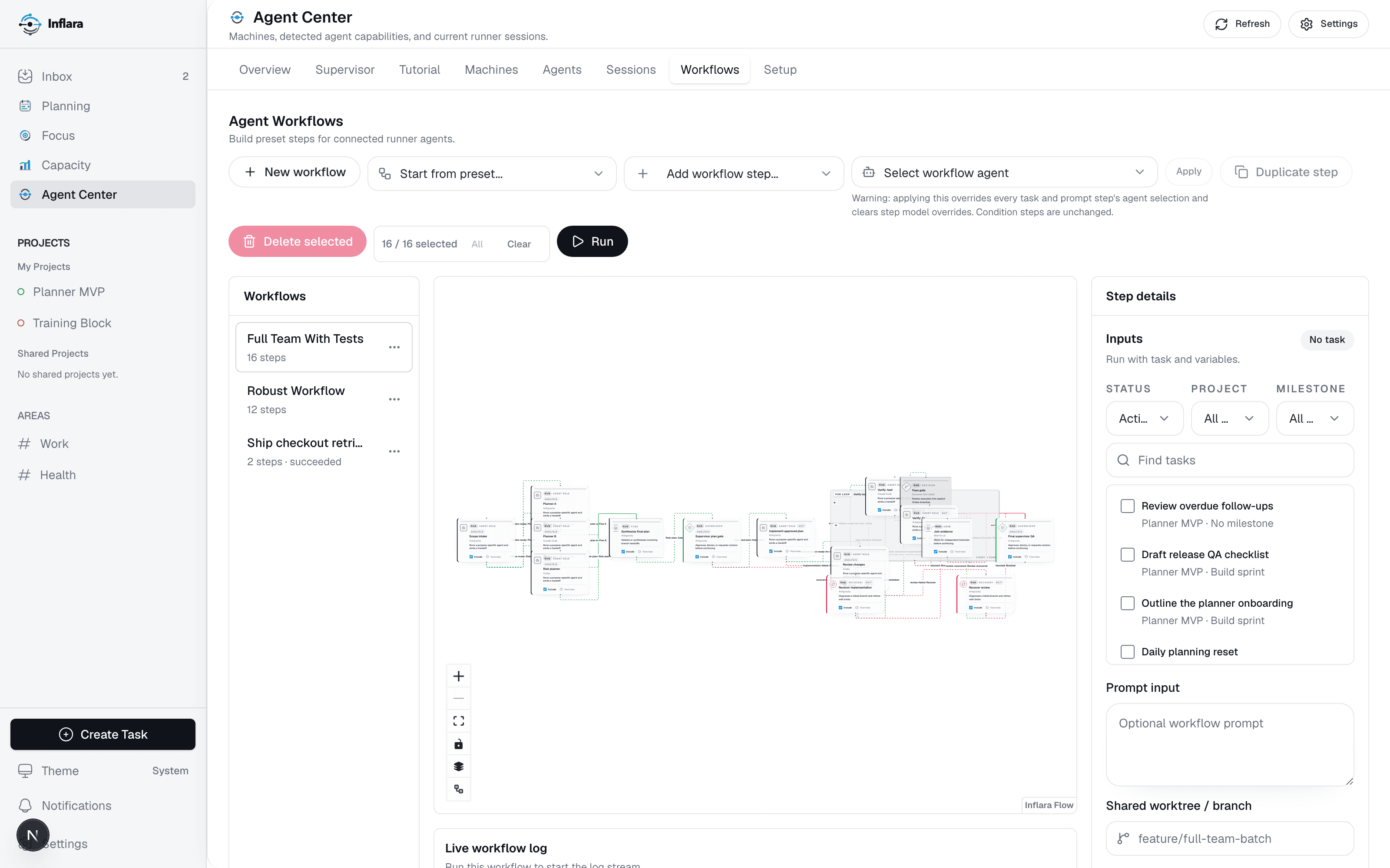 Inflara workflow graph builder with plan competition and step details